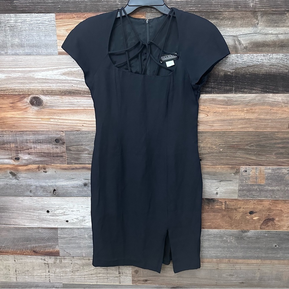 JESSICA HOWARD Y2K Black Pencil Dress Front Slit Cocktail Square Neck 8 Vintage